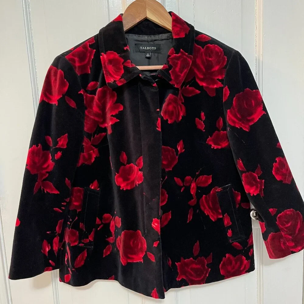Talbots Sz 8 Black Velvet Lined Jacket Blazer Red Roses Button Up Pockets